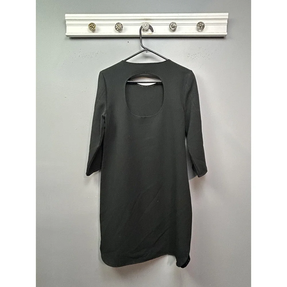 NY&Co Dress Womens Small Black Sheath Stretch Cutout Back 3/4 Sleeve